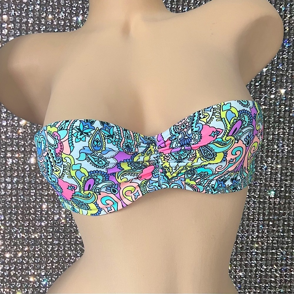 Victoria secret bikini top paisley neon strapless bathing suit pink blue green